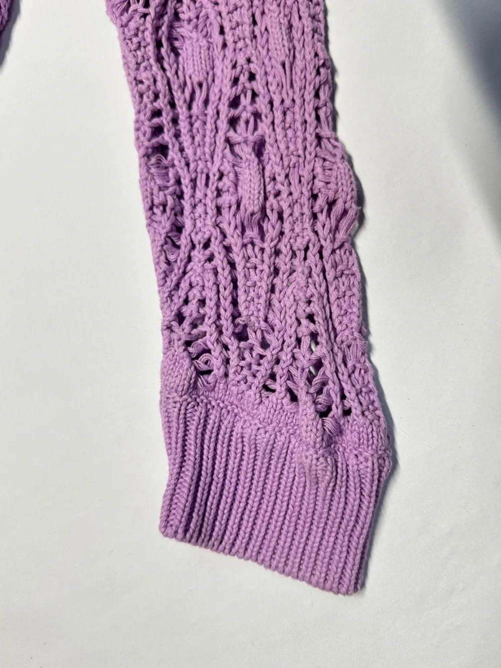 Elan Anthropologie L Crochet Open Knit Sweater Purple Asymmetrical Boho Grunge